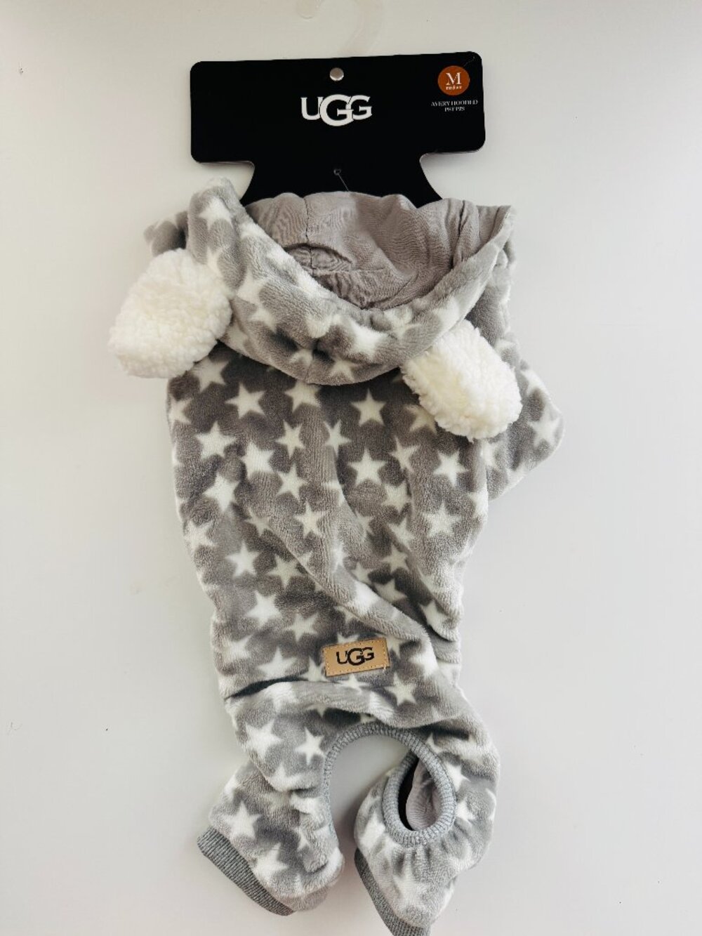 NWT UGG Avery Hooded Pet PJs Medium Grey White Stars Full Body Removable Hood
